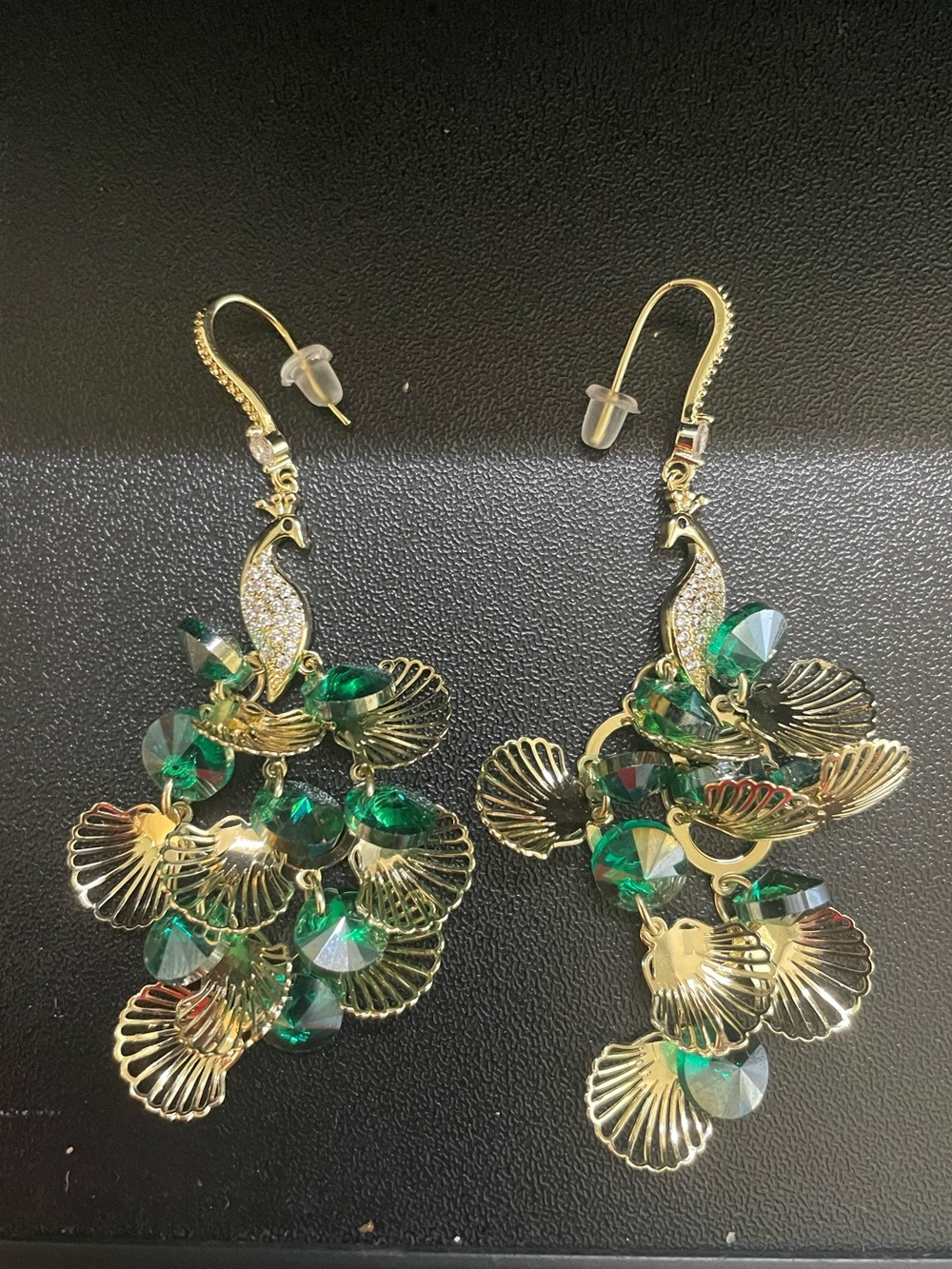 Gold-Tone Green Crystal Dangle Earrings
